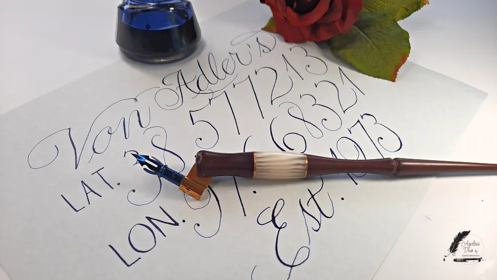 Hand-calligraphed longitude and latitude address with a family name, written with a dip pen and presented with archival materials