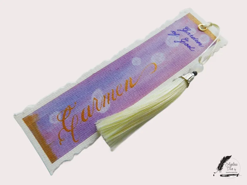 Carmen — Hand-Calligraphied Watercolor Bookmark Hand-painted watercolor bookmark with Carmen written in metallic gold calligraphy