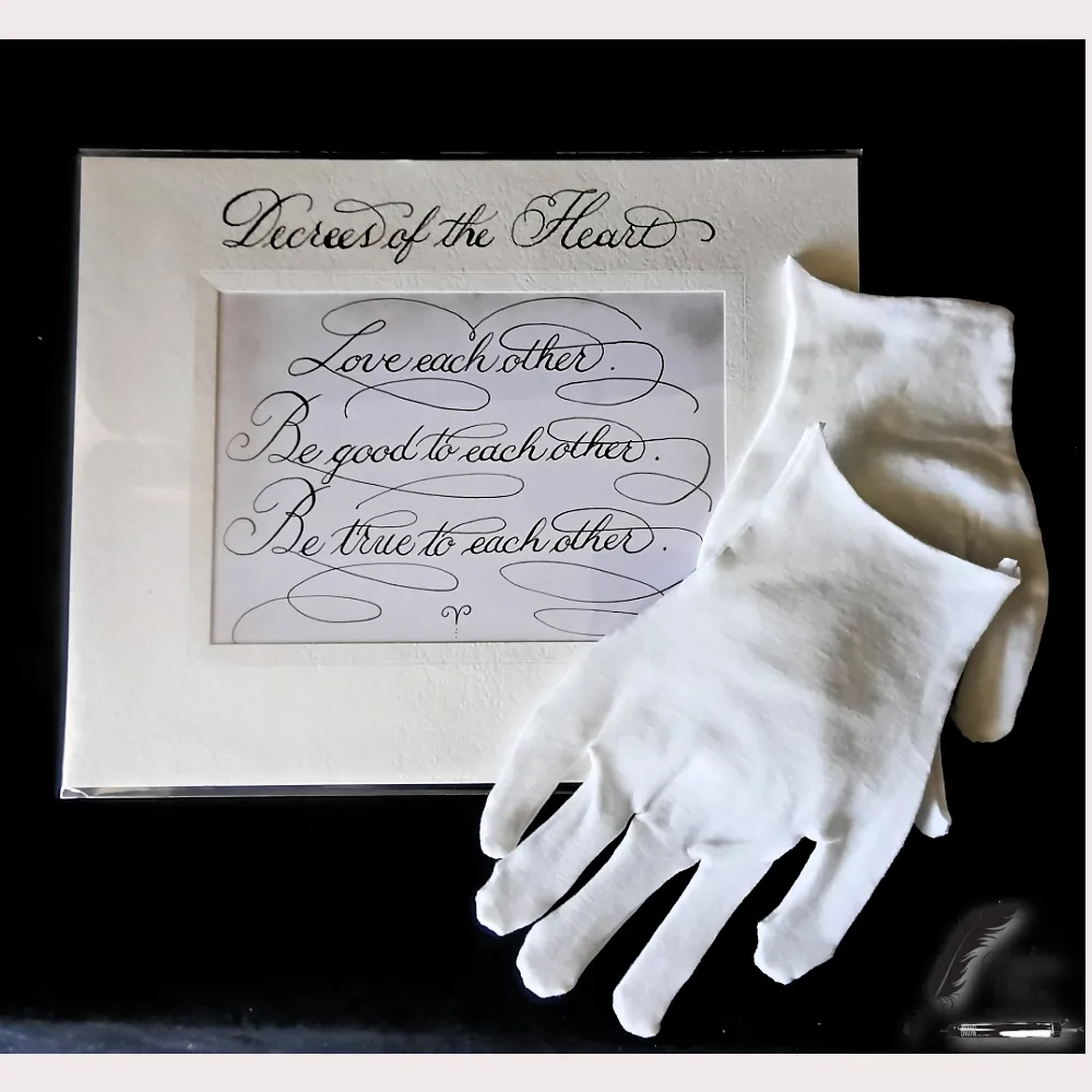 Luxury hand-calligraphed wall art featuring “Decrees of the Heart,” presented with archival matting, quality backboard, and protective archival sleeve