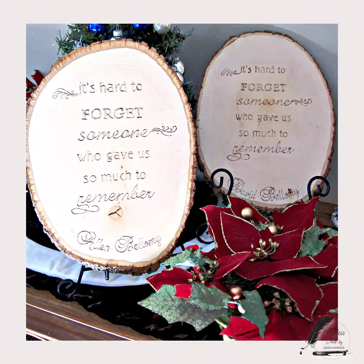 Wood slices engraved with a verse honoring lost loved ones