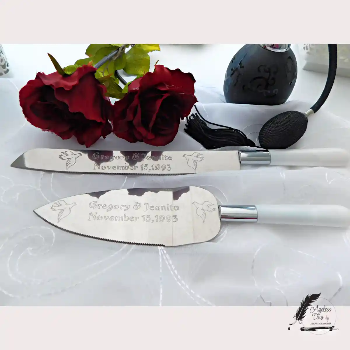 Personalized engraved serving set with names and wedding date