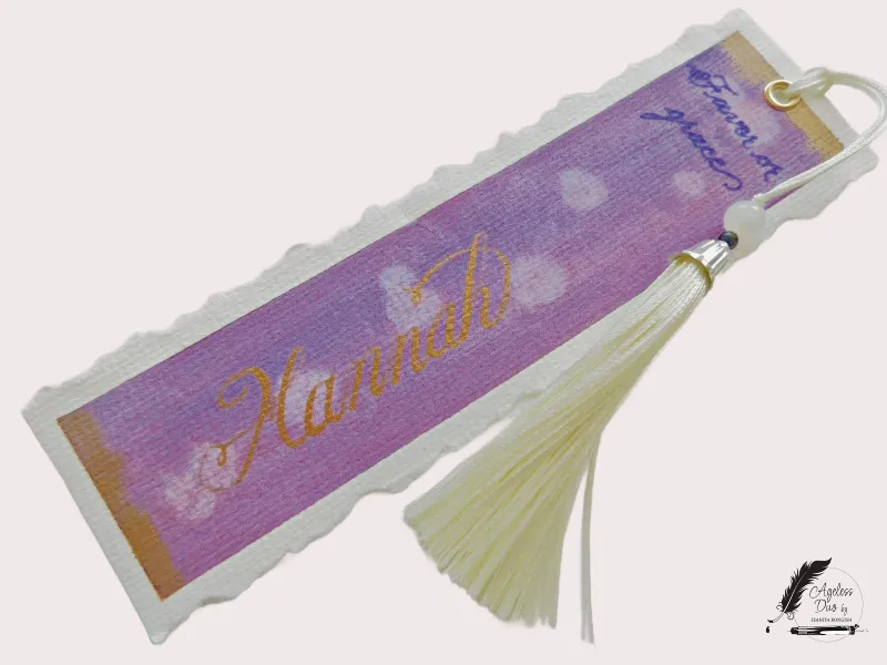 Hannah — Hand-Calligraphed Watercolor Bookmark Hand-painted watercolor bookmark with Hannah written in metallic gold calligraphy