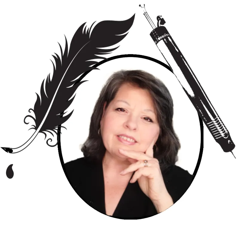 Ageless Duo Calligraphy and Engraving logo featuring Jeanita’s portrait between a quill pen and an engraver’s stylus