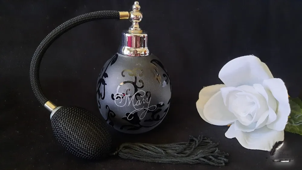 Hand-Engraved Perfume Atomizer — Mary Hand-engraved perfume atomizer personalized with the name Mary by Jeanita of Ageless Duo