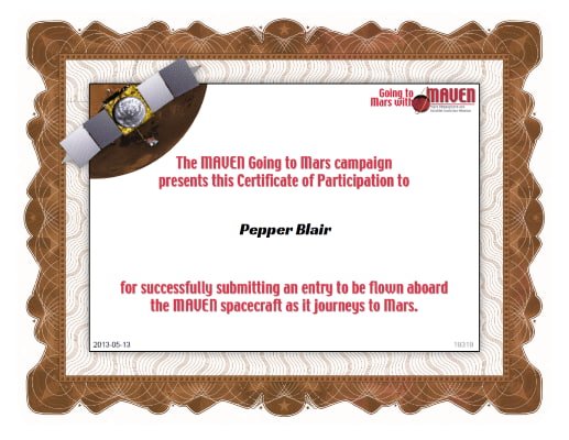 NASA MAVEN certificate awarded to Gregory Rongish