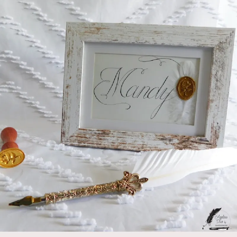 Mandy — Personalized Calligraphic Name Art Personalized calligraphic name art reading Mandy with feather and wax seal