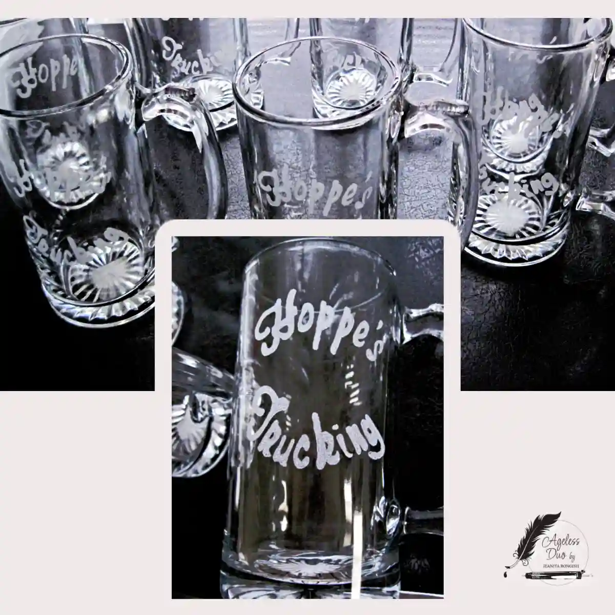 Custom Logo Glass Engraving Large glass steins engraved with a custom business logo