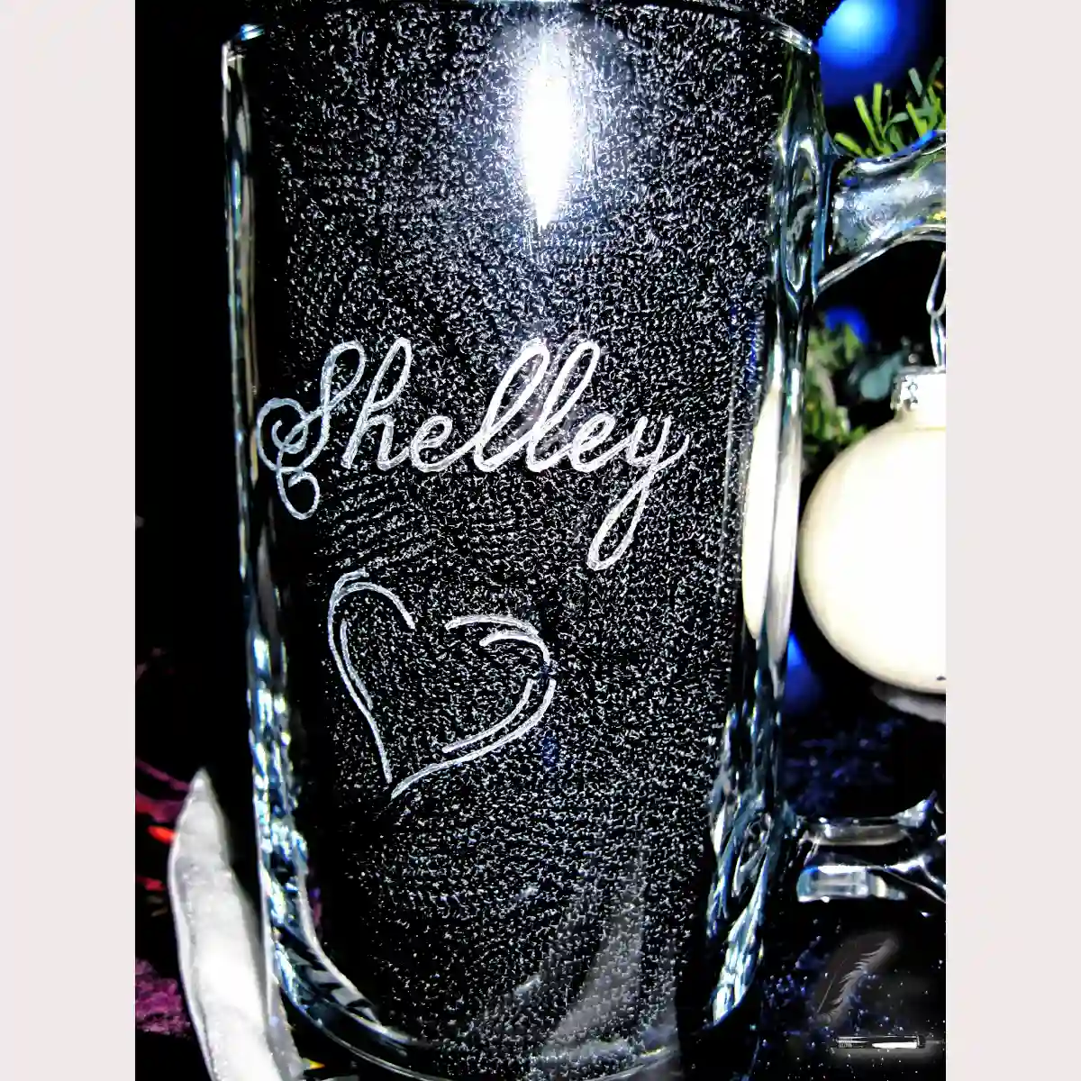 Glass stein engraved with the name Shelley