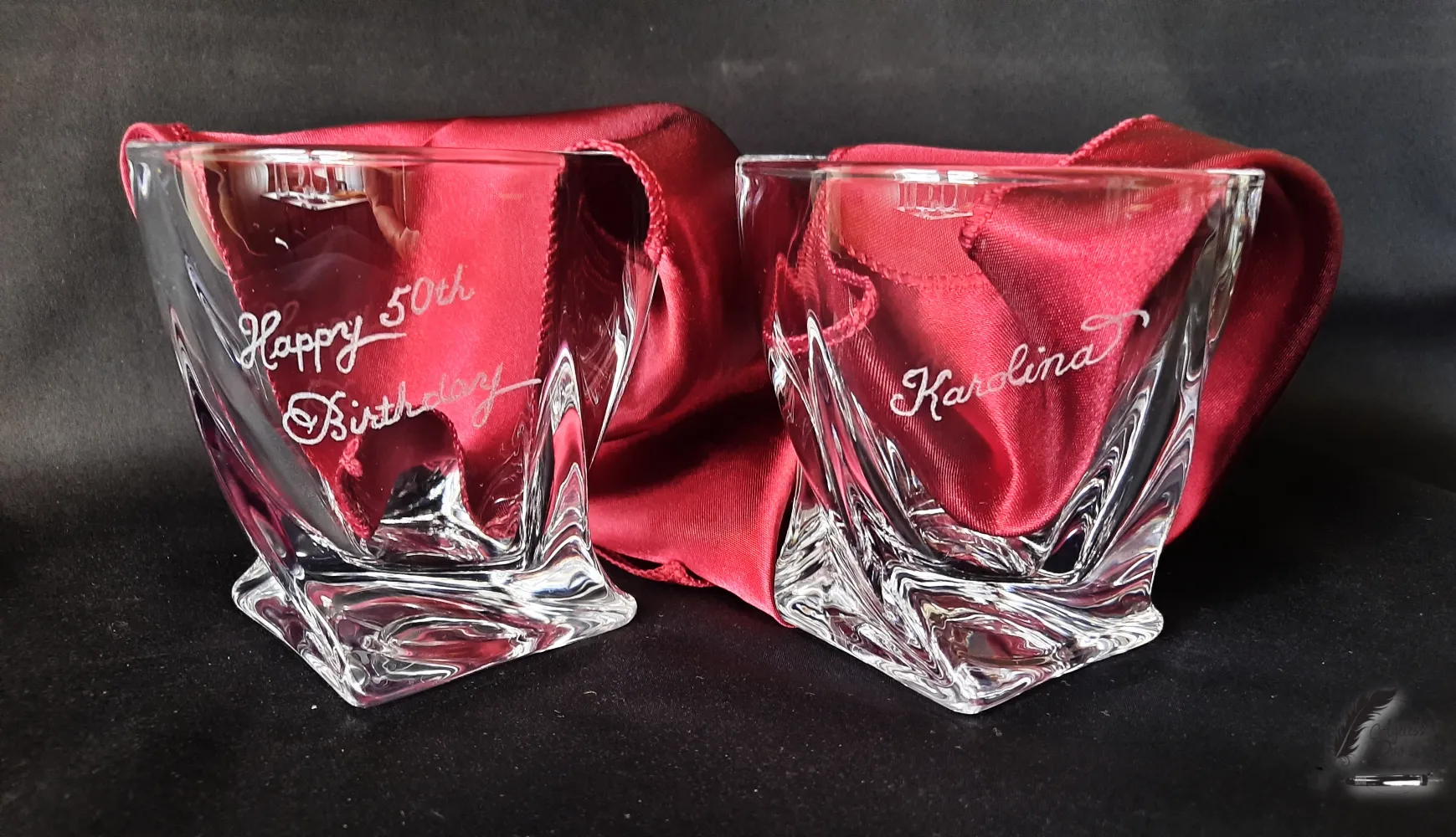 Personalized engraved whiskey glasses with custom hand engraving